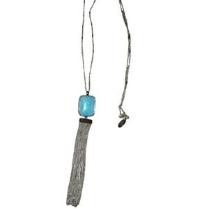 LOFT FACTORY FAUX TURQUOISE AND SILVERTONE LARIAT TASSEL NECKLACE